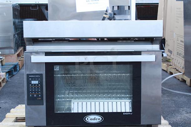 Cadco Bakerlux Station BLS-4FLD-2H Double Stacked 4-Shelf Full Size Heavy-Duty Digital Countertop Convection Ovens with LED Control Panels, Ventless Hood, and Stand - 208-240V. Only 1 Oven. Doesn't Include Stacking Kit. - Image 7 of 8