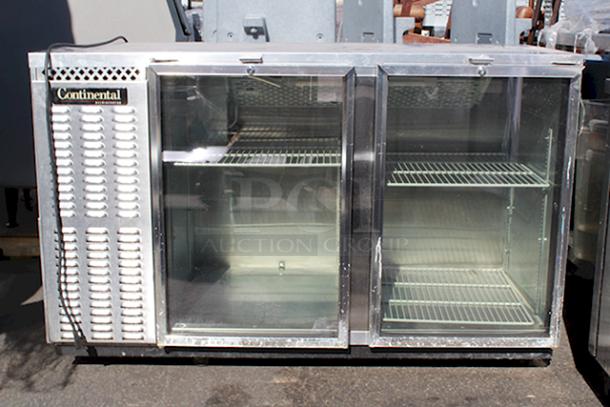 OUTSTANDING! Continental Refrigerator BBUC59-SS-GD 59" Stainless Steel Glass Door Backbar Undercounter Display Cooler, On Commercial Casrters. TESTED. IN WORKING ORDER!! S/N: 15714017. 115v 60Hz 1Ph. - Image 1 of 8