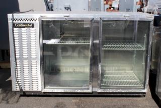 OUTSTANDING! Continental Refrigerator BBUC59-SS-GD 59" Stainless Steel Glass Door Backbar Undercounter Display Cooler, On Commercial Casrters. TESTED. IN WORKING ORDER!! S/N: 15714017. 115v 60Hz 1Ph.
