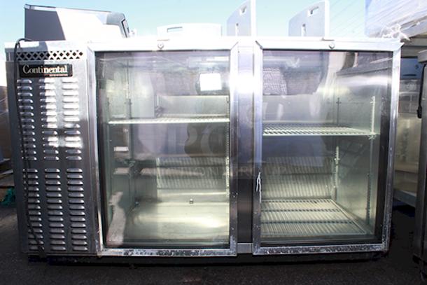 OUTSTANDING! Continental Refrigerator BBUC59-SS-GD 59" Stainless Steel Glass Door Backbar Undercounter Display Cooler, On Commercial Casrters. TESTED. IN WORKING ORDER!! S/N: 15714017. 115v 60Hz 1Ph. - Image 3 of 8