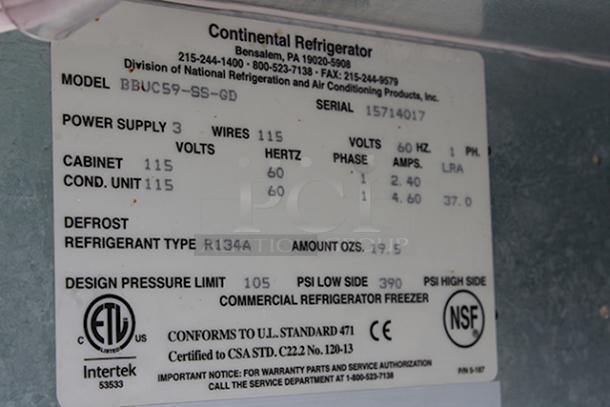 OUTSTANDING! Continental Refrigerator BBUC59-SS-GD 59" Stainless Steel Glass Door Backbar Undercounter Display Cooler, On Commercial Casrters. TESTED. IN WORKING ORDER!! S/N: 15714017. 115v 60Hz 1Ph. - Image 7 of 8