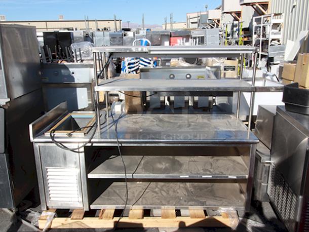 Stainless Steel Enclosed Base Commercial Workstation With Adjustable Mid-Shelf, Double Overshelf, Order TIcket Rail, (2) Nemco Strip Warmers and Delifield 225 6 Gallon Drop In Freezer. In Working Order. - Image 1 of 9