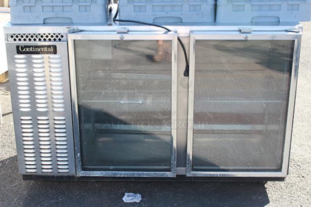 OUTSTANDING! Continental Refrigerator BBUC59-SS-GD 59" Stainless Steel Glass Door Backbar Undercounter Display Cooler, On Commercial Casrters. TESTED. IN WORKING ORDER!! 115v 60Hz 1Ph. Minor denting on top right side. - Image 1 of 7