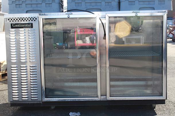 OUTSTANDING! Continental Refrigerator BBUC59-SS-GD 59" Stainless Steel Glass Door Backbar Undercounter Display Cooler, On Commercial Casrters. TESTED. IN WORKING ORDER!! 115v 60Hz 1Ph. Minor denting on top right side. - Image 2 of 7