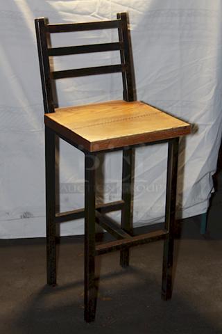 CUSTOM INDUSTRIAL! Elpers Handmade Furniture & Cabinetry Barstool With Back, Wood Seat and Solid Steel Welded Frame. 14x Your Bid.