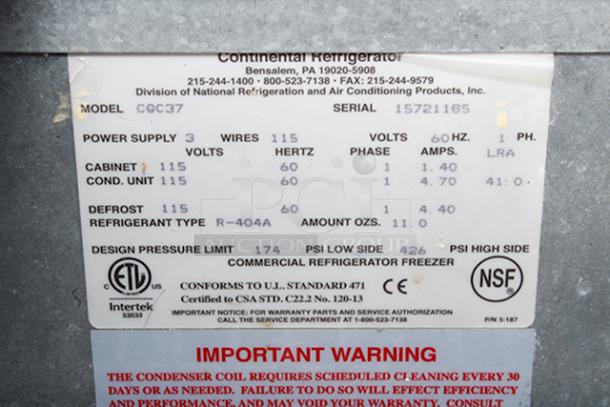 Continental Refrigerator CGC37 - 37" Glass and Plate Chiller. In Working Order.  115v 60Hz 1Ph. S/N: 15721185 - Image 2 of 7