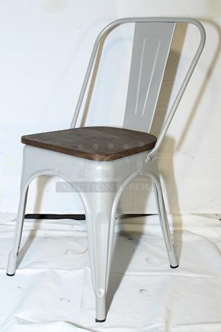 BRAND NEW! Lancaster Table & Seating 164CMCAFCLRW Alloy Series Silver Indoor Cafe Chair with Walnut Wood Seats. Out Of Original Packaging. 32x Your Bid.