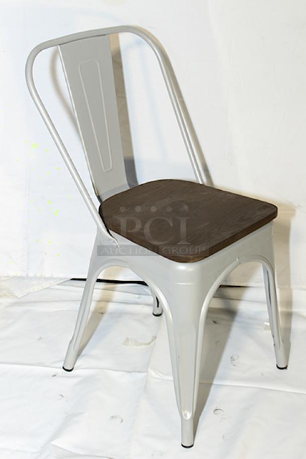 BRAND NEW! Lancaster Table & Seating 164CMCAFCLRW Alloy Series Silver Indoor Cafe Chair with Walnut Wood Seats. Out Of Original Packaging. 32x Your Bid. - Image 3 of 5