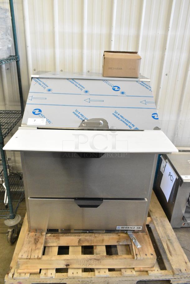 BRAND NEW SCRATCH AND DENT! Beverage Air SPED32HC-12M-2 Stainless Steel Commercial Sandwich Salad Prep Table Bain Marie Mega Top w/ 2 Drawers. 115 Volts, 1 Phase. Tested and Working! - Image 1 of 9