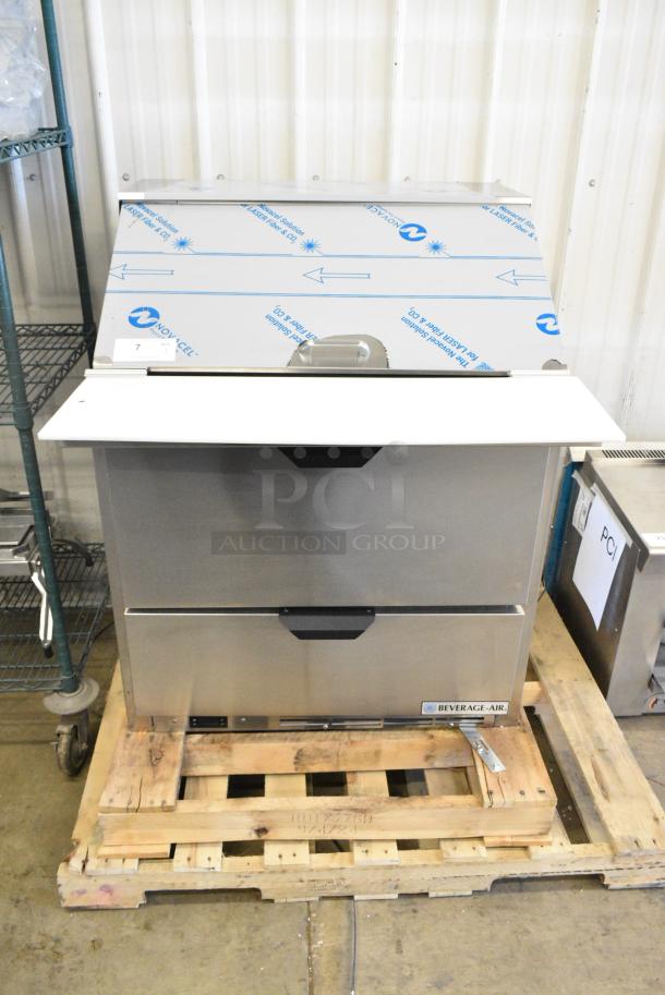 BRAND NEW SCRATCH AND DENT! Beverage Air SPED32HC-12M-2 Stainless Steel Commercial Sandwich Salad Prep Table Bain Marie Mega Top w/ 2 Drawers. 115 Volts, 1 Phase. Tested and Working! - Image 3 of 9