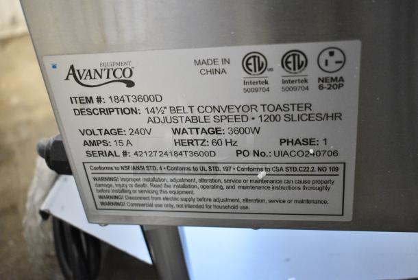 BRAND NEW SCRATCH AND DENT! Avantco 184T3600D Stainless Steel Commercial Countertop Electric Powered Conveyor Toaster Oven. 240 Volts, 1 Phase. - Image 8 of 8