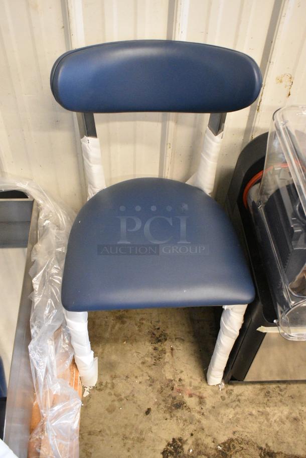 3 BRAND NEW SCRATCH AND DENT! Black Metal Dining Height Chair w/ Blue Seat Cushion and Back Rest. 3 Times Your Bid! - Image 1 of 3