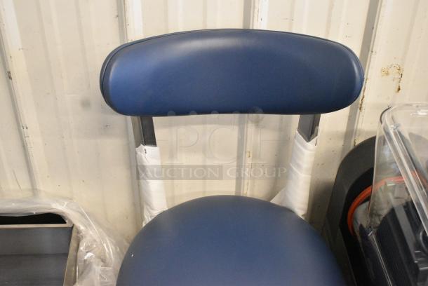 3 BRAND NEW SCRATCH AND DENT! Black Metal Dining Height Chair w/ Blue Seat Cushion and Back Rest. 3 Times Your Bid! - Image 3 of 3