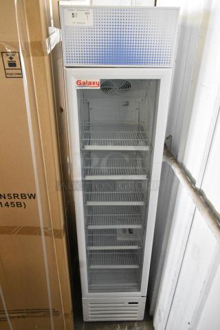 BRAND NEW IN BOX! Galaxy 177GDN5RBW Metal Commercial Single Door Reach In Cooler Merchandiser with Red, White, and Blue LED Lighting. 110-120 Volts, 1 Phase