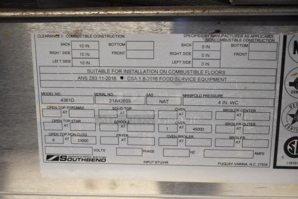 Southbend 4361D Stainless Steel Commercial Natural Gas Powered 6 Burner Range w/ Oven and Back Splash. - Image 9 of 10