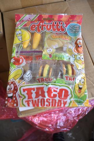 74 Boxes of BRAND NEW! efrutti Taco Twosday Shelf Trays. Each Box Has 12 2.7oz Bags. 74 Times Your Bid!