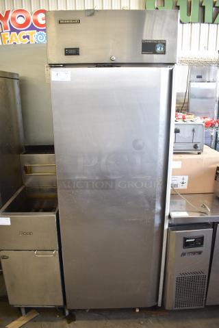 Hoshizaki CR1B-FS Stainless Steel Commercial Single Door Reach In Cooler w/ Poly Coated Racks on Commercial Casters. 115 Volts, 1 Phase. Tested and Working!