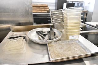 ALL ONE MONEY! Lot of Various Items Including Poly Drop In Bins, Knives and Metal Baking Pans.