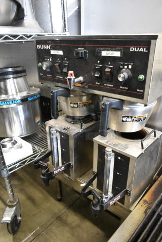 Bunn DUAL Stainless Steel Commercial Countertop Double Coffee Machine w/ Hot Water Dispenser, 2 Satellite Servers and 2 Metal Brew Baskets. 120/240 Volts, 1 Phase.