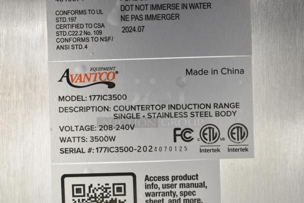 BRAND NEW SCRATCH AND DENT! 2024 Avantco 177IC3500 Countertop Induction Range / Cooker. 208-240 Volts, 1 Phase. - Image 6 of 6