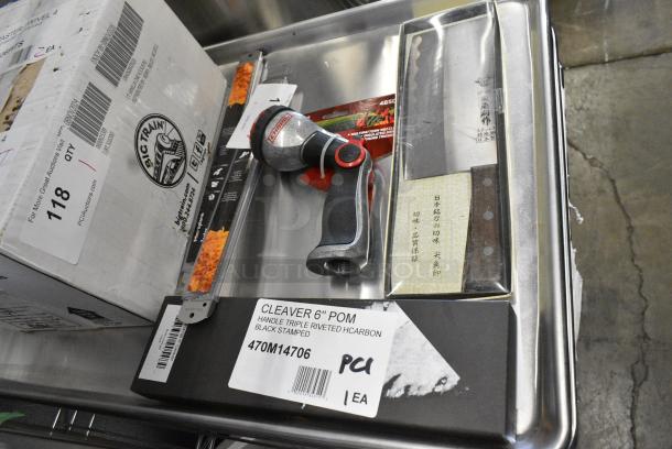 5 BRAND NEW SCRATCH AND DENT! Items Including 470M14706 Mercer Culinary M14706 6" Cleaver, 407JAS10055B Thunder Group 7" Stainless Steel Angled Cleaver with Riveted Wood Handle, 017858R0423 Chapin Spray Nozzle, 2 Zesters. 5 Times Your Bid! - Image 1 of 12
