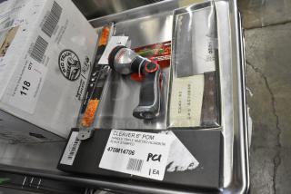 5 BRAND NEW SCRATCH AND DENT! Items Including 470M14706 Mercer Culinary M14706 6" Cleaver, 407JAS10055B Thunder Group 7" Stainless Steel Angled Cleaver with Riveted Wood Handle, 017858R0423 Chapin Spray Nozzle, 2 Zesters. 5 Times Your Bid!