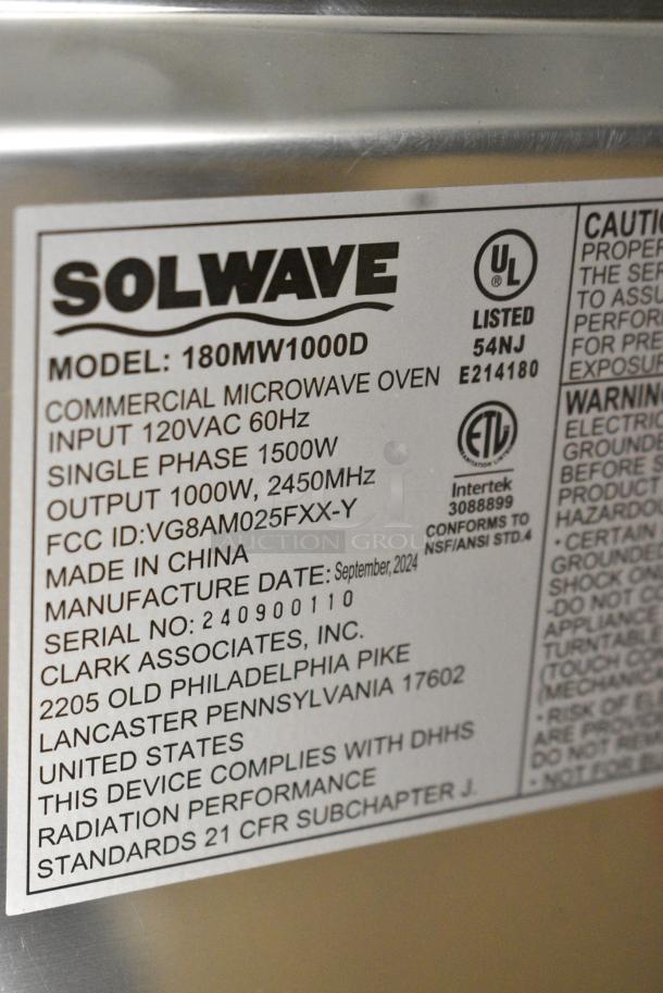 BRAND NEW SCRATCH AND DENT! 2024 Solwave 180MW1000D Stainless Steel Commercial Microwave with Dial Control. 120 Volts, 1 Phase. - Image 6 of 6