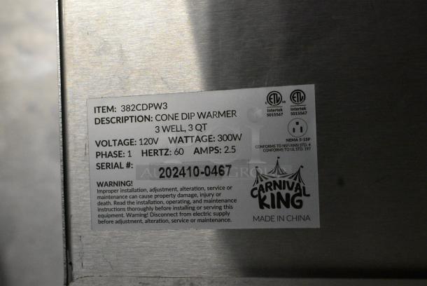 BRAND NEW SCRATCH AND DENT! 2024 Carnival King 382CDPW3 Stainless Steel 3 Qt. Triple Cone Dip Warmer. 120 Volts, 1 Phase. Tested and Working! - Image 4 of 4