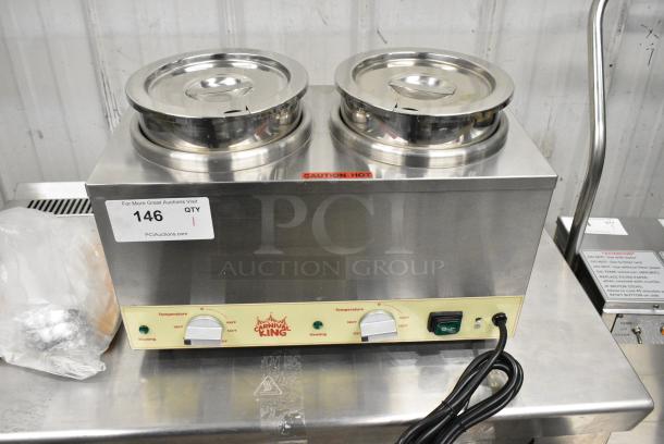 BRAND NEW SCRATCH AND DENT! Carnival King 382RWLL35DBL Stainless Steel Double 3.5 Qt. Warmer with Inset Pots, Lids, and Ladles. 120 Volts, 1 Phase. Tested and Working! - Image 1 of 8