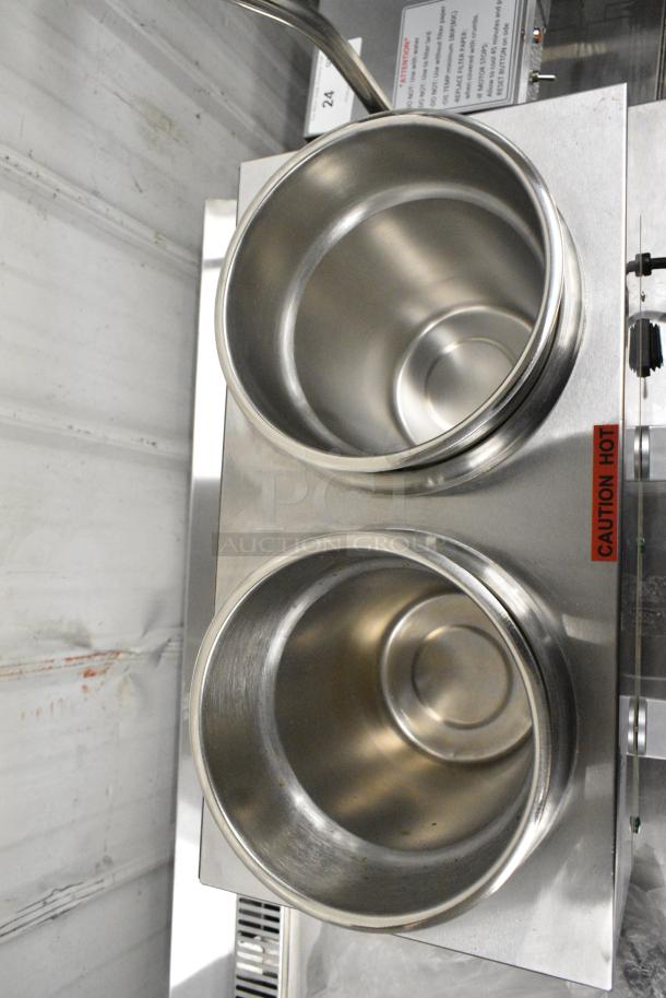 BRAND NEW SCRATCH AND DENT! Carnival King 382RWLL35DBL Stainless Steel Double 3.5 Qt. Warmer with Inset Pots, Lids, and Ladles. 120 Volts, 1 Phase. Tested and Working! - Image 6 of 8