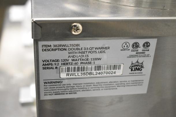 BRAND NEW SCRATCH AND DENT! Carnival King 382RWLL35DBL Stainless Steel Double 3.5 Qt. Warmer with Inset Pots, Lids, and Ladles. 120 Volts, 1 Phase. Tested and Working! - Image 8 of 8