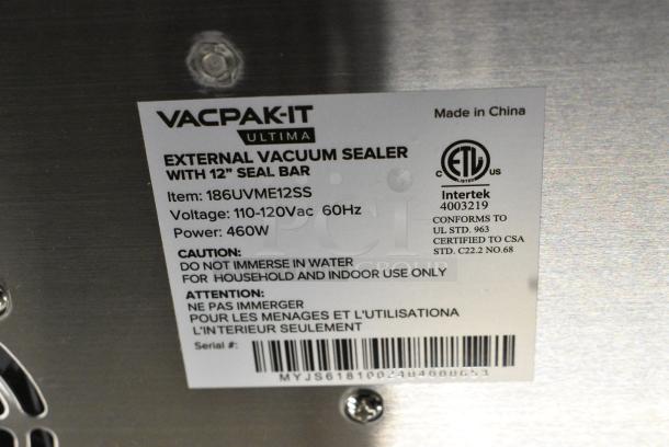 BRAND NEW SCRATCH AND DENT! Vacpak-it 186UVME12SS Vacuum Packing Machine with 12" Seal Bar, Roll Cutter and Dual Piston Dry Pump. 120 Volts, 1 Phase. Tested and Working! - Image 7 of 7