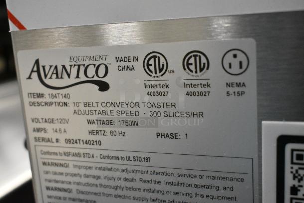 BRAND NEW SCRATCH AND DENT! Avantco 184T140 Commercial 10" Wide Conveyor Toaster with 3" Opening. 300 Slices per Hour. 120 Volts, 1 Phase. Tested and Working! - Image 7 of 7
