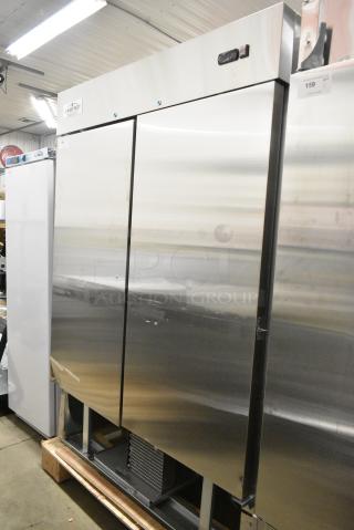BRAND NEW SCRATCH AND DENT! 2024 Mainstreet 829BMR49R Stainless Steel Commercial 2 Door Reach In Cooler w/ Poly Coated Racks. 115 Volts, 1 Phase. Tested and Powers On But Does Not Get Cold