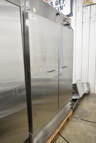 BRAND NEW SCRATCH AND DENT! 2024 Mainstreet 829BMR49R Stainless Steel Commercial 2 Door Reach In Cooler w/ Poly Coated Racks. 115 Volts, 1 Phase. Cannot Test Due To Missing Power Cord