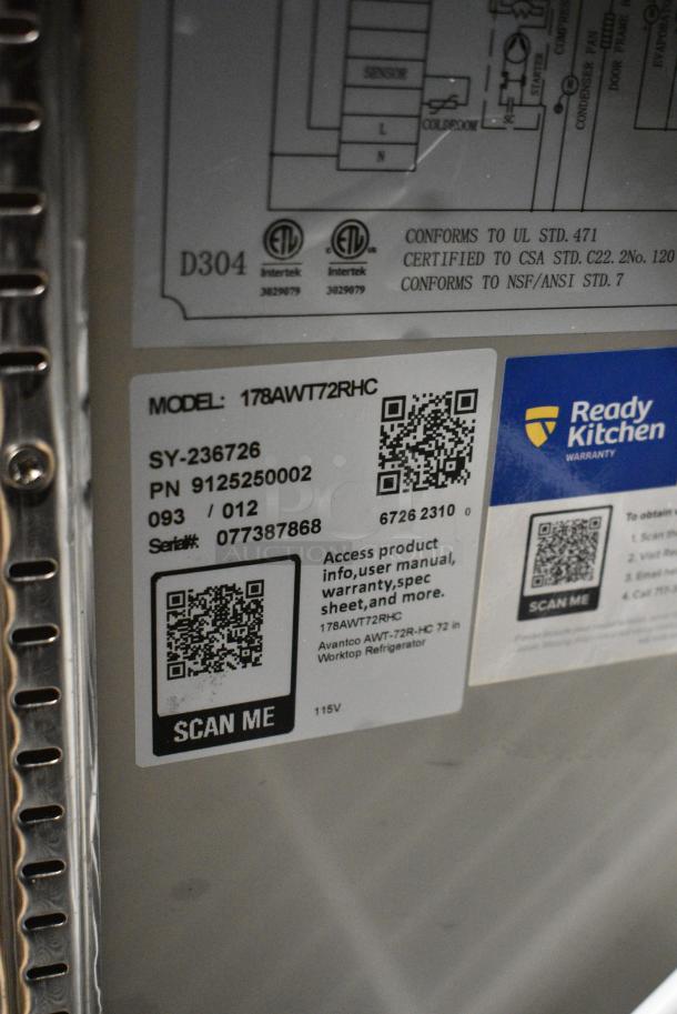 BRAND NEW SCRATCH AND DENT! 2023 Avantco 178AWT72RHC Stainless Steel Commercial 72" Worktop Refrigerator with 3 1/2" Backsplash. 115 Volts, 1 Phase. Tested and Working! - Image 6 of 6