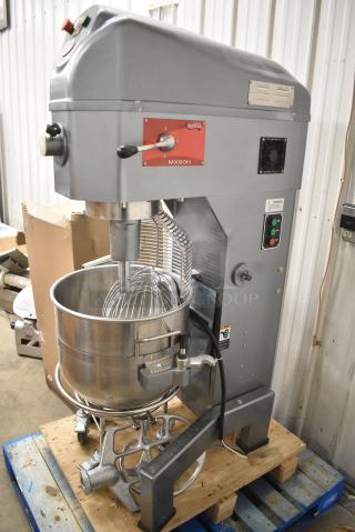 BRAND NEW SCRATCH AND DENT! Avantco MX60 Metal Commercial Floor Style 60 Quart Planetary Dough Mixer w/ Stainless Steel Mixing Bowl, Bowl Guard, Bowl Dolly, Paddle and Whisk Attachments. 240 Volts, 3 Phase.