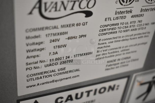 BRAND NEW SCRATCH AND DENT! Avantco MX60 Metal Commercial Floor Style 60 Quart Planetary Dough Mixer w/ Stainless Steel Mixing Bowl, Bowl Guard, Bowl Dolly, Paddle and Whisk Attachments. 240 Volts, 3 Phase. - Image 10 of 11