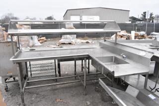 Stainless Steel L Shaped Left Side Dirty Side Dish Table w/ Over Shelf.