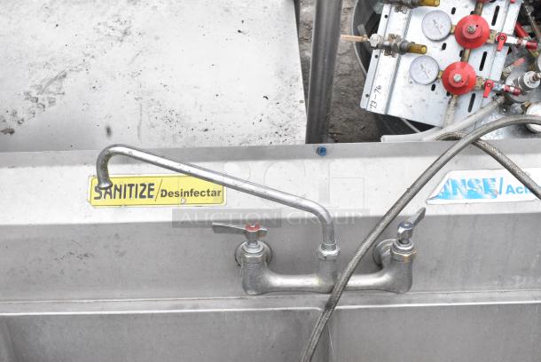 Stainless Steel 3 Bay Sink Dish Table w/ Dual Drain Boards, Faucet and 2 Handle Sets. No Legs. - Image 8 of 9