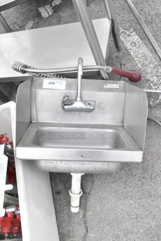 Stainless Steel Single Bay Wall Mount Sink w/ Faucet, Handles and Side Splash Guards.
