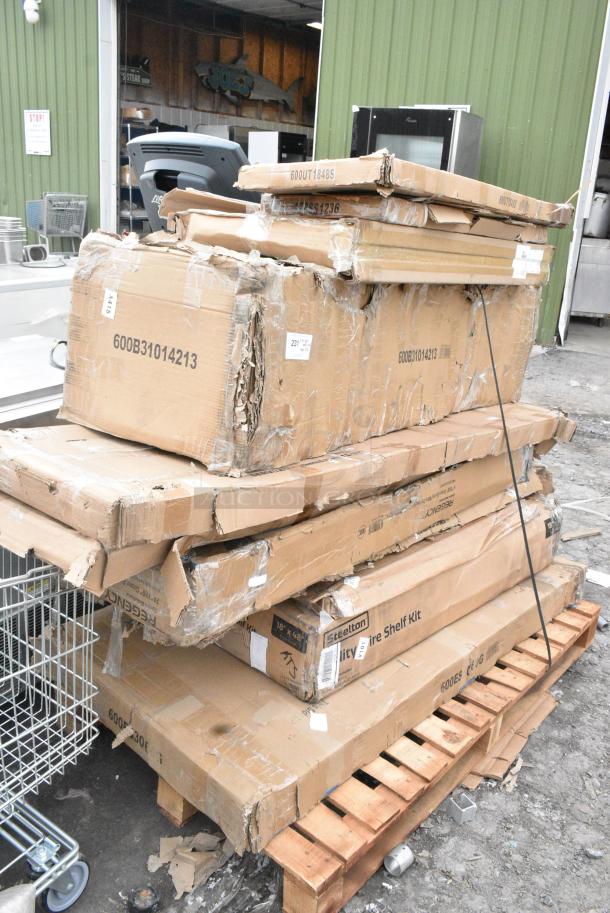 10 BRAND NEW SCRATCH AND DENT! Items Including 600UT1848S Regency Adjustable Stainless Steel Work Table Undershelf for 18" x 48" Tables - 18 Gauge, Avantco 178SS1236 12" x 36 1/4" Stainless Steel Single Deck Overshelf, 600B31014213 Regency 3 Bowl Underbar Sink with Two Drainboards - 60" x 18 3/4", 423HSW2072 ServIt 72" Stainless Steel Heated Shelf Warmer - 1152W, 120V, 460EG2460DR1 Regency 24" x 60" Green Epoxy Wire Drying Rack Shelf - 1 1/4" Slots, 465B1848KE5 Steelton 18" x 48" NSF Black Epoxy 5-Shelf Kit with 72" Posts, 600ES3060G Regency 30" x 60" 16-Gauge Stainless Steel Equipment Stand with Galvanized Undershelf. 10 Times Your Bid! May Be Missing Pieces. - Image 1 of 10