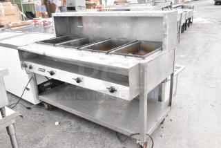 ServeWell 38004 Stainless Steel Electric Powered 4 Bay Steam Table w/ Under Shelf on Commercial Casters. 120 Volts, 1 Phase.