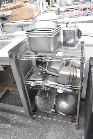Chrome Finish 3 Tier Wire Shelving Unit w/ Contents Including Stainless Steel Drop In Bins. BUYER MUST DISMANTLE. PCI CANNOT DISMANTLE FOR SHIPPING. PLEASE CONSIDER FREIGHT CHARGES.