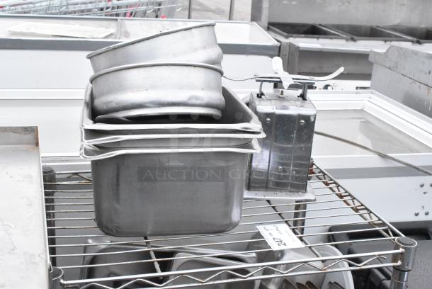 Chrome Finish 3 Tier Wire Shelving Unit w/ Contents Including Stainless Steel Drop In Bins. BUYER MUST DISMANTLE. PCI CANNOT DISMANTLE FOR SHIPPING. PLEASE CONSIDER FREIGHT CHARGES. - Image 3 of 5