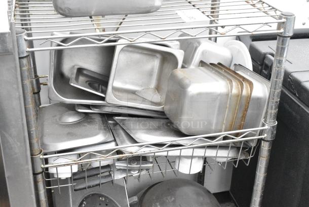 Chrome Finish 3 Tier Wire Shelving Unit w/ Contents Including Stainless Steel Drop In Bins. BUYER MUST DISMANTLE. PCI CANNOT DISMANTLE FOR SHIPPING. PLEASE CONSIDER FREIGHT CHARGES. - Image 4 of 5