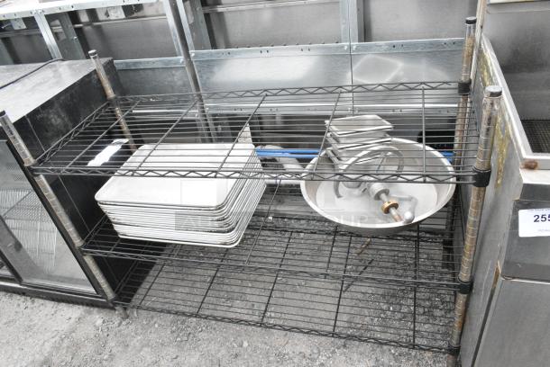 3 Tier Wire Shelving Unit w/ Contents Including Metal Baking Pans. BUYER MUST DISMANTLE. PCI CANNOT DISMANTLE FOR SHIPPING. PLEASE CONSIDER FREIGHT CHARGES. - Image 2 of 3