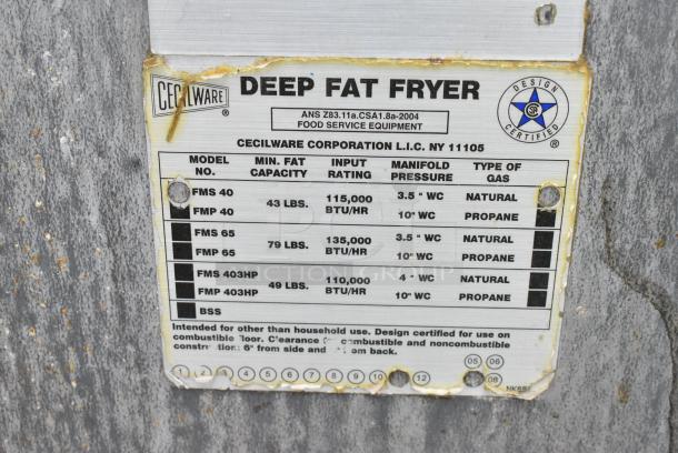 Cecilware FMS 40 Stainless Steel Commercial Floor Style Natural Gas Powered Deep Fat Fryer w/ Right Side Splash Guard. 115,000 BTU. - Image 5 of 5