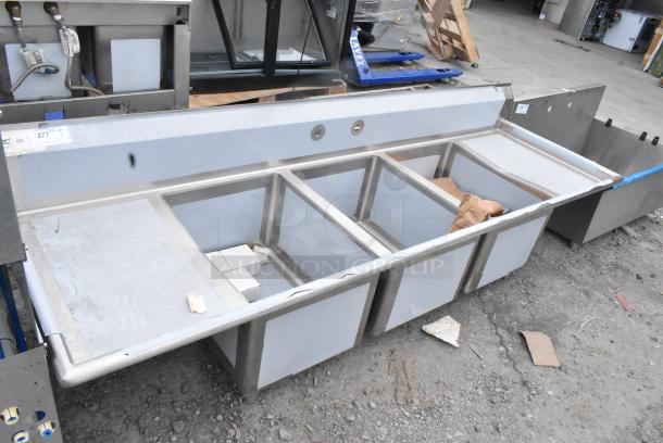 BRAND NEW SCRATCH AND DENT! Regency 600S31824218 Stainless Steel 3 Bay Sink w/ Dual Drain Boards. No Legs. - Image 1 of 8