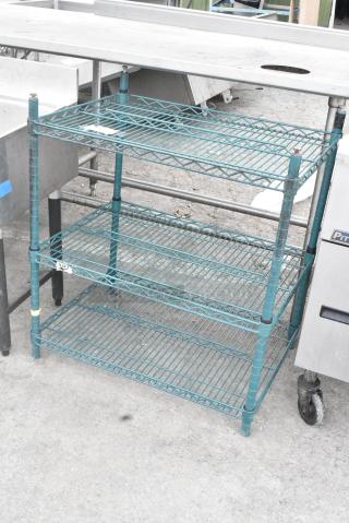 Green Finish 3 Tier Wire Shelving Unit. BUYER MUST DISMANTLE. PCI CANNOT DISMANTLE FOR SHIPPING. PLEASE CONSIDER FREIGHT CHARGES.
